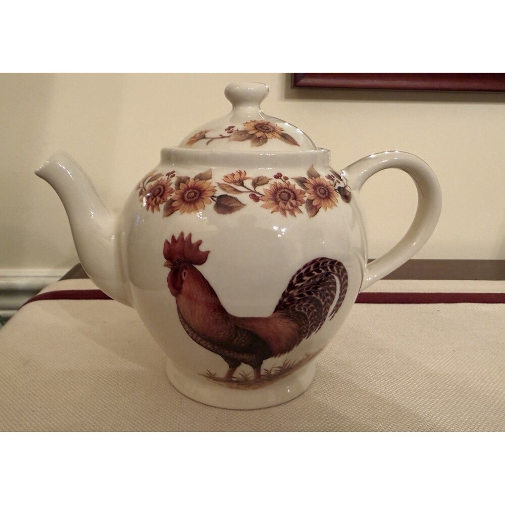 Vintage Martha Vaughn Lily Creek Teapot Hand-painted Rooster Sunflower Motif.